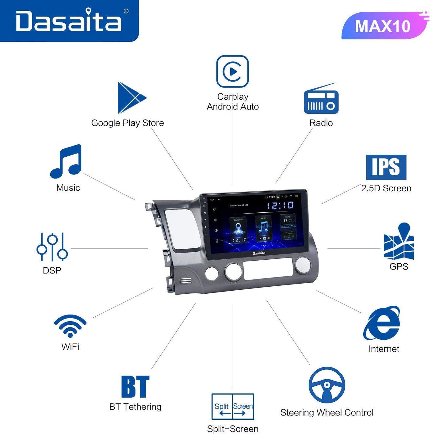 Dasaita MAX11 Honda Civic 2007 2008 2009 2010 2011 Car Stereo 10.2 Inch Carplay Android Auto PX6 4G+64G Android11 1280*720 DSP AHD Radio