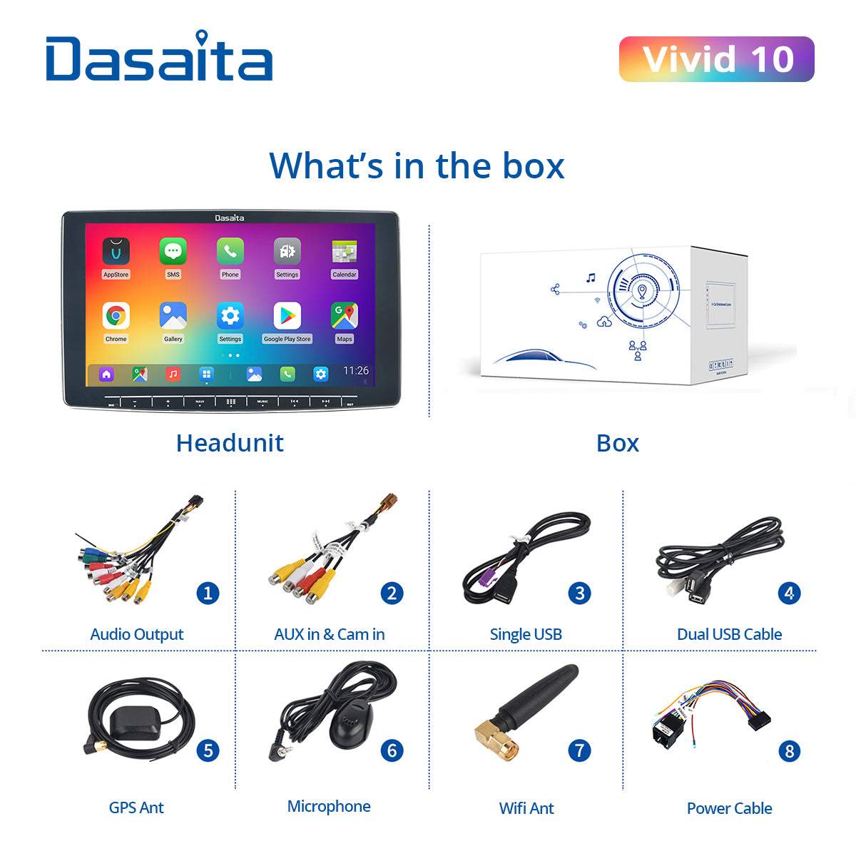 Dasaita Vivid11 Universal Double Din Car Stereo 10.2 Inch Carplay Android Auto PX6 4G+64G Android11 1280*720 DSP AHD Radio