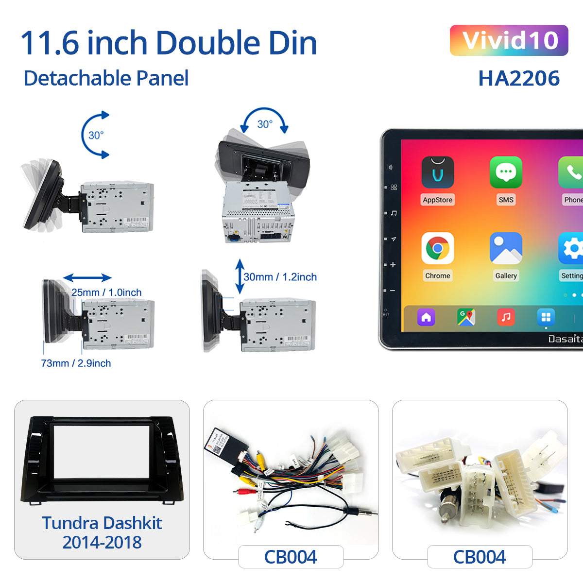 Dasaita Vivid10 Universal Double Din Car Stereo 11.6 Inch Carplay Android Auto PX6 4G+64G Android10 1920*1080 DSP AHD Radio