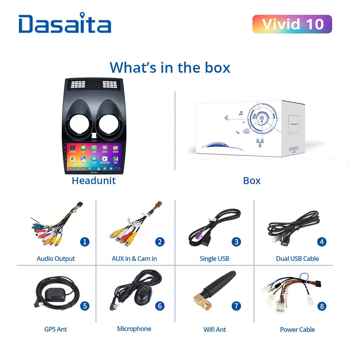 Dasaita Vivid11 Nissan Qashqai 2008 2009 2010 2011 2012 2013 2014 Car Stereo 9 Inch Carplay Android Auto PX6 4G+64G Android11 1280*720 DSP AHD Radio