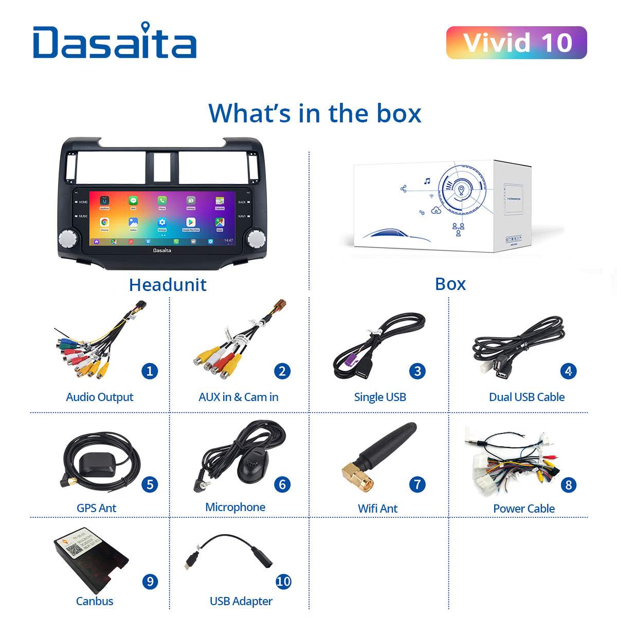 Dasaita Vivid11 Toyota 4Runner 2014 2015 2016 2017 2018 Car Stereo 10.25 Inch Carplay Android Auto PX6 4G+64G Android11 1280*480 DSP AHD Radio