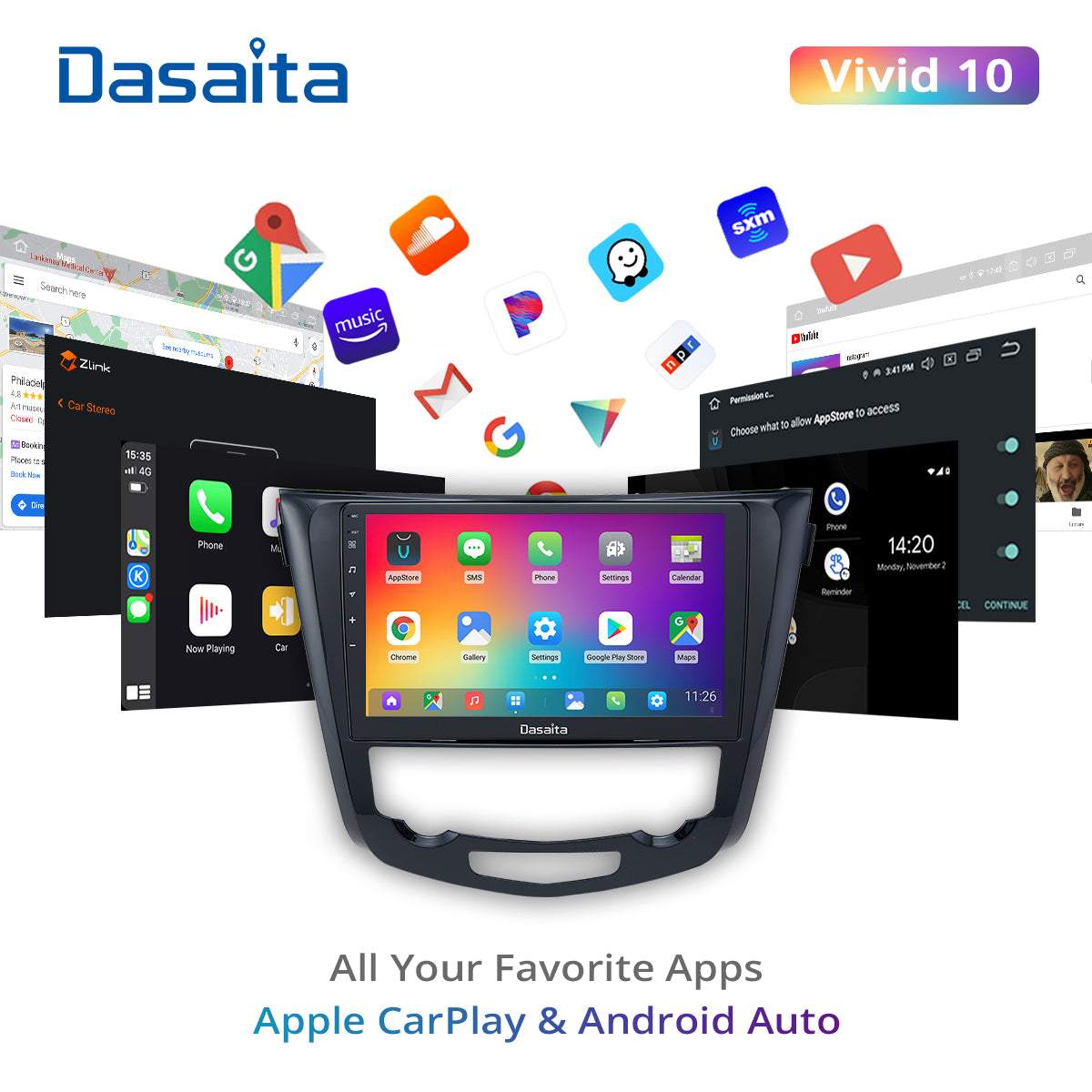 Dasaita Vivid10/Vivid11 Nissan X-Trail Qashqai Rogue 2014 2015 2016 2017 2018 2019 2020 Car Stereo 10.2 Inch Carplay Android Auto PX6 4G+64G Android10/Android11 1280*720 DSP AHD Radio