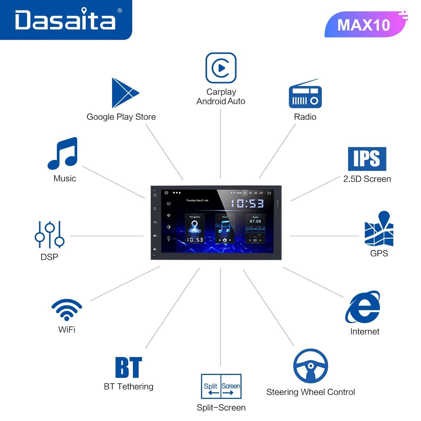 Dasaita MAX11 Toyota Universal/Sienna Single Din Car Stereo 9 Inch Carplay Android Auto PX6 4G+64G Android11 1280*720 DSP AHD Radio
