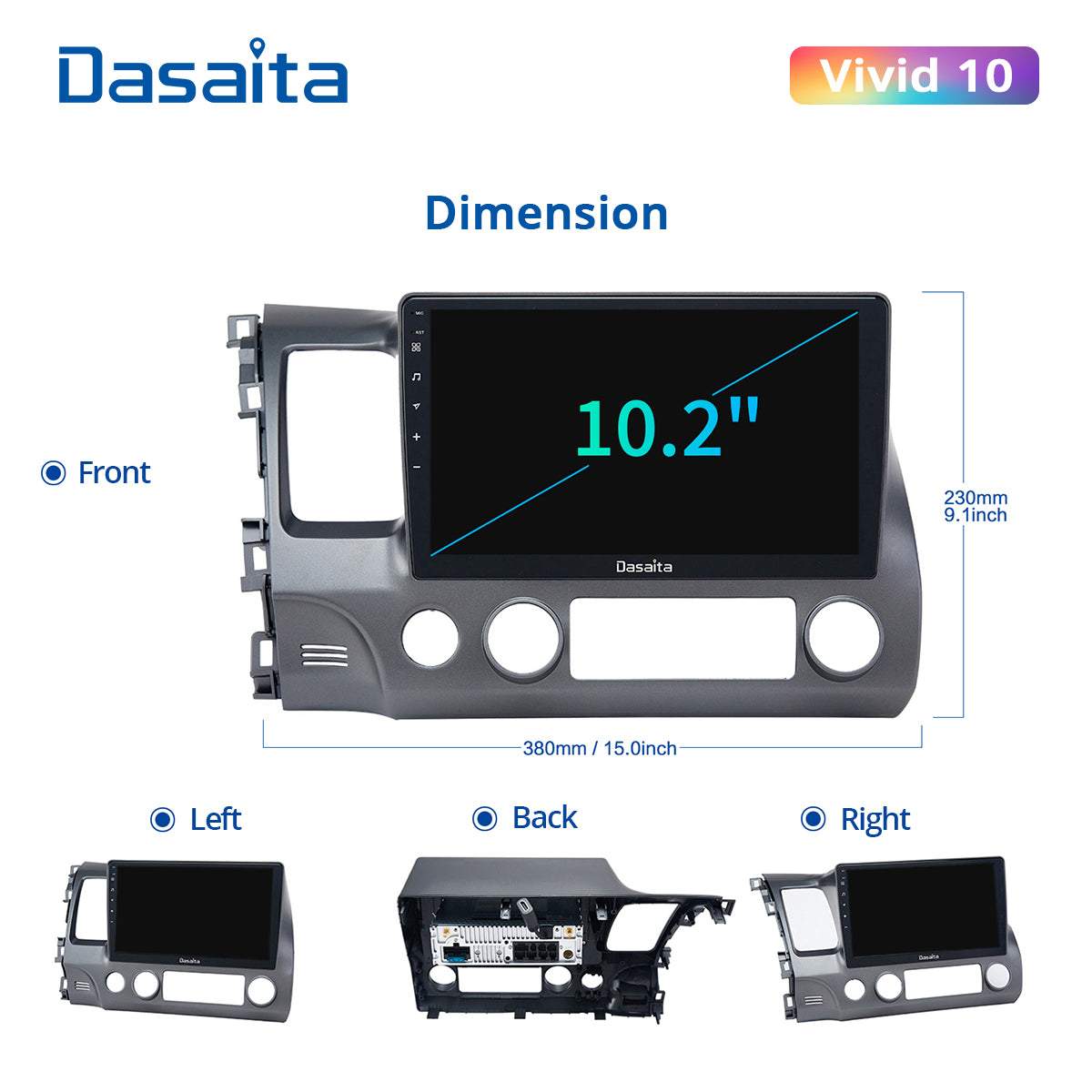 Dasaita Vivid10 Honda Civic 2007 2008 2009 2010 2011 Car Stereo 10.2 Inch Carplay Android Auto PX6 4G+64G Android10 1280*720 DSP AHD Radio