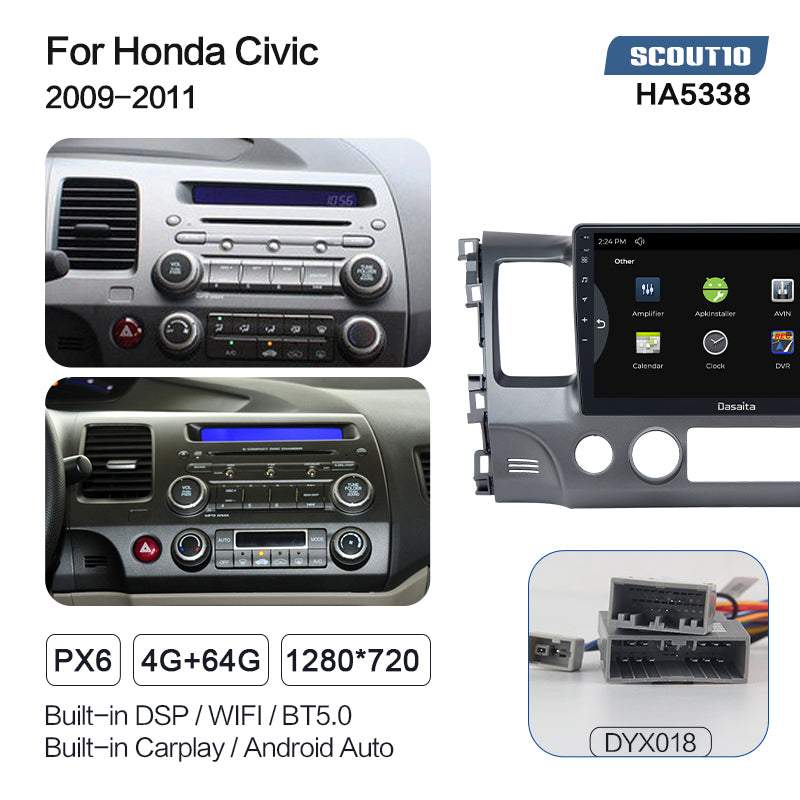 Dasaita Scout10 Honda Civic 2007 2008 2009 2010 2011 Car Stereo 10.2 Inch Carplay Android Auto PX6 4G+64G Android10 1280*720 DSP AHD Radio