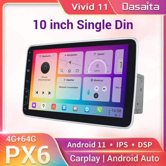 Dasaita Vivid11 Universal Single Din Car Stereo 10.2 Inch Carplay Android Auto PX6 4G+64G Android11 1280*720 DSP AHD Radio