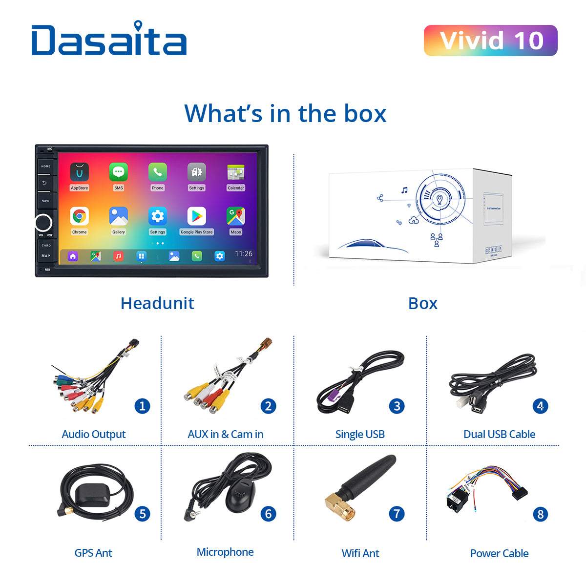 Dasaita Vivid11 Universal Double Din Car Stereo 7 Inch Carplay Android Auto PX6 4G+64G Android11 1024*600 DSP AHD Radio