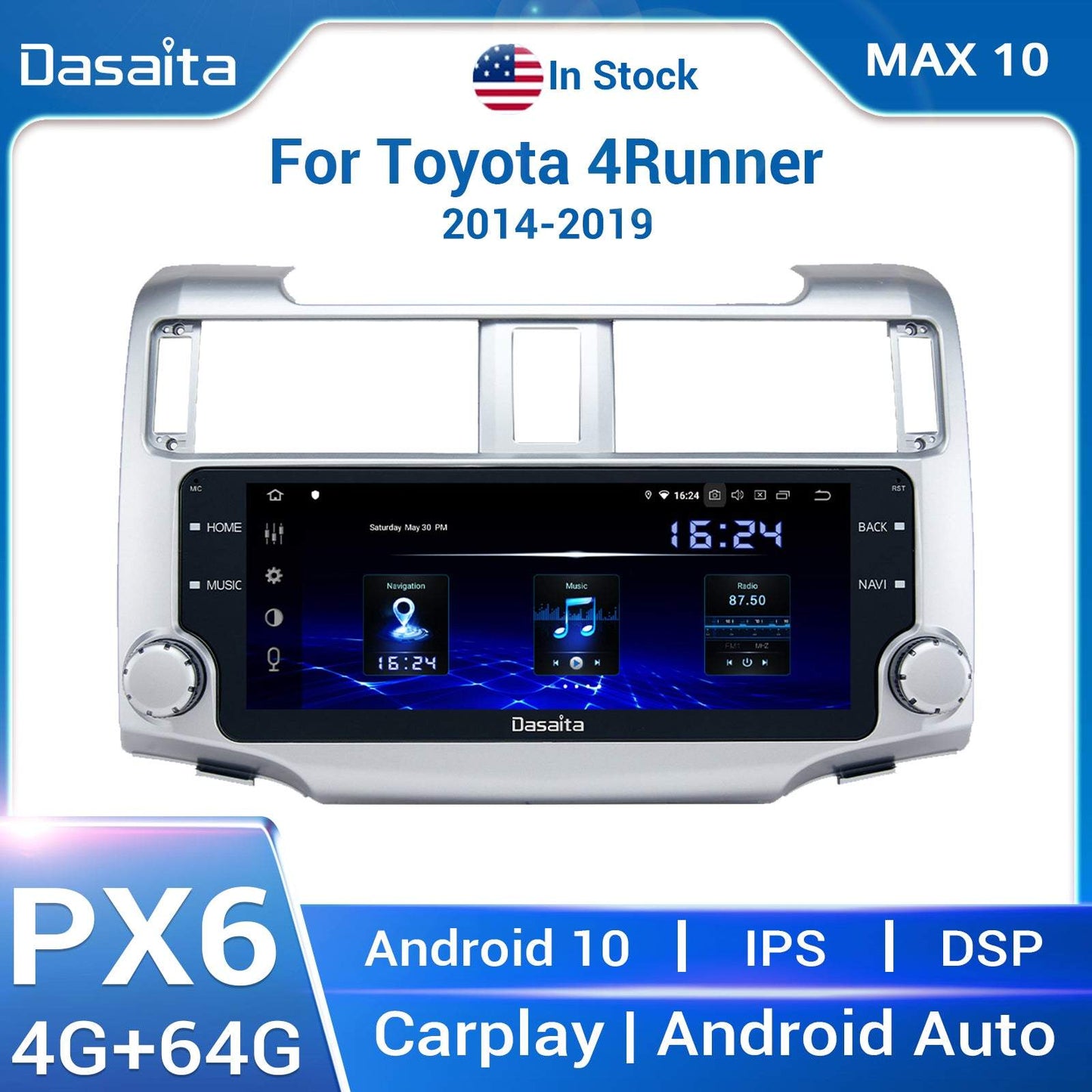 Dasaita MAX10/MAX11 Toyota 4Runner 2014 2015 2016 2017 2018 2019 Car Stereo 10.25 Inch Carplay Android Auto PX6 4G+64G Android10/Android11 1280*480 DSP AHD Radio