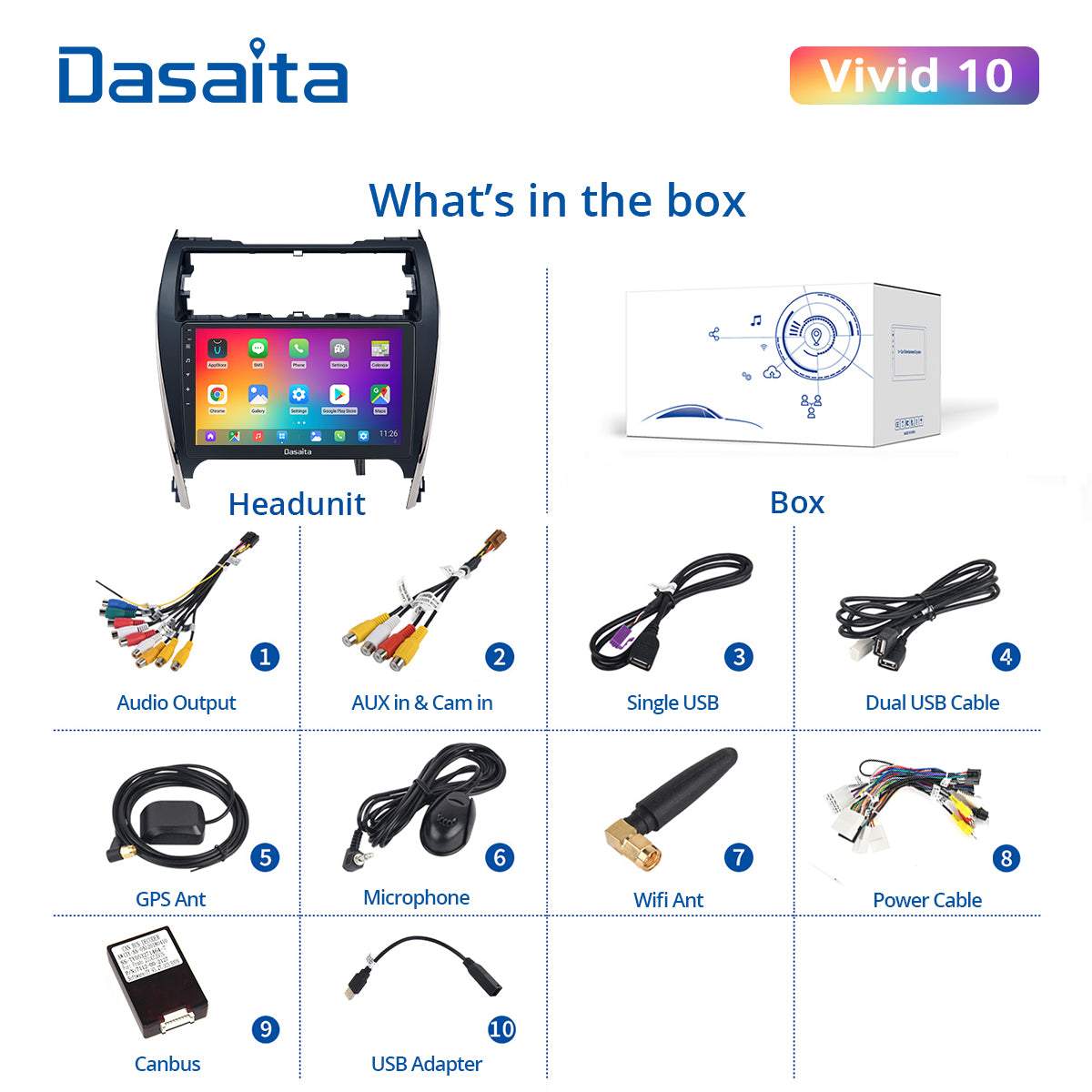 Dasaita Vivid10 Toyota Camry 2012 2013 2014 Car Stereo 10.2 Inch Carplay Android Auto PX6 4G+64G Android10 1280*720 DSP AHD Radio