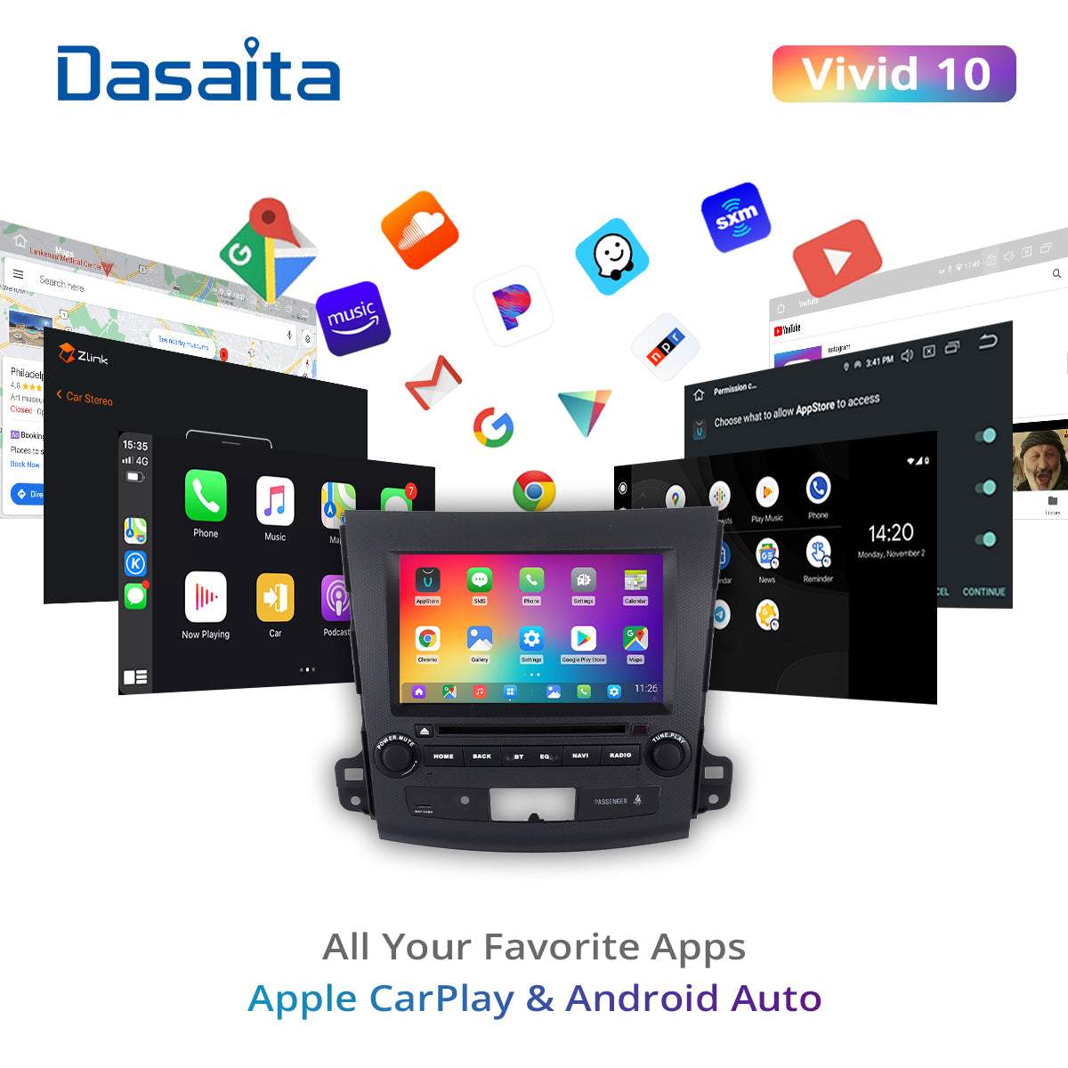 Dasaita Vivid10 For Mitsubishi Outlander 2007 2008 2009 2010 2011 2012 2013 Car Stereo Apple Carplay Android Auto Touch Screen 4G+64G DSP Radio