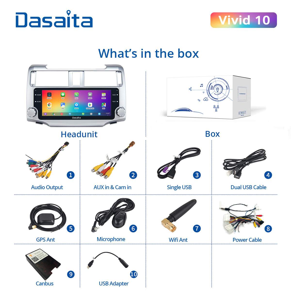 Dasaita Vivid11 Toyota 4Runner 2010 2011 2012 2013 Car Stereo 10.25 Inch Carplay Android Auto PX6 4G+64G Android11 1280*480 DSP AHD Radio