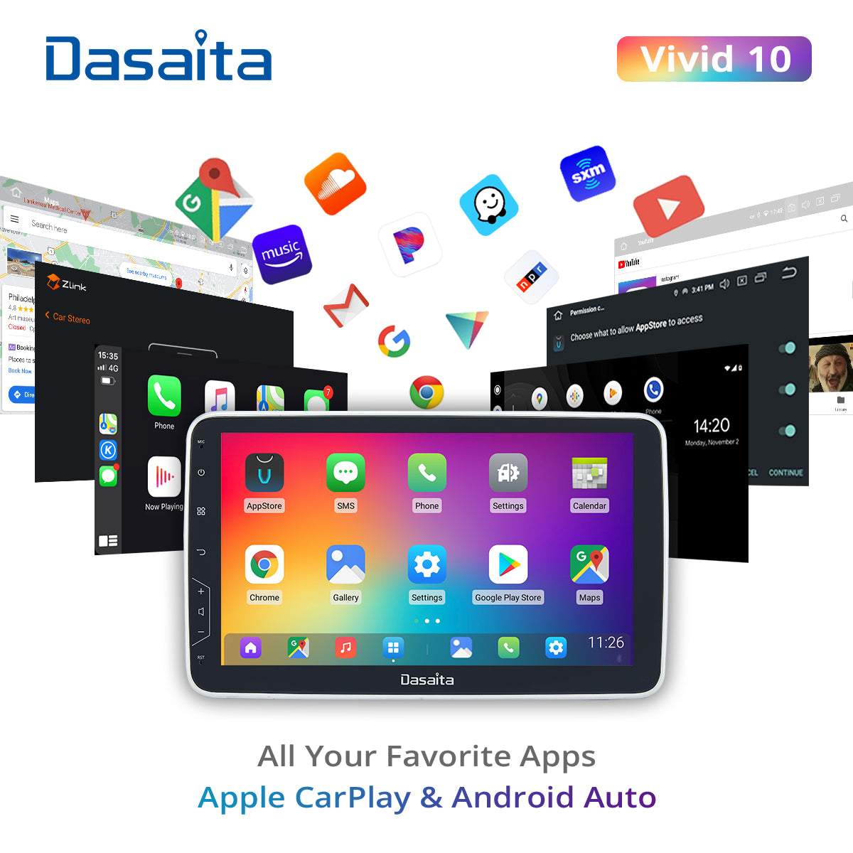 Dasaita Vivid11 Universal Single Din Car Stereo 10.2 Inch Carplay Android Auto PX6 4G+64G Android11 1280*720 DSP AHD Radio