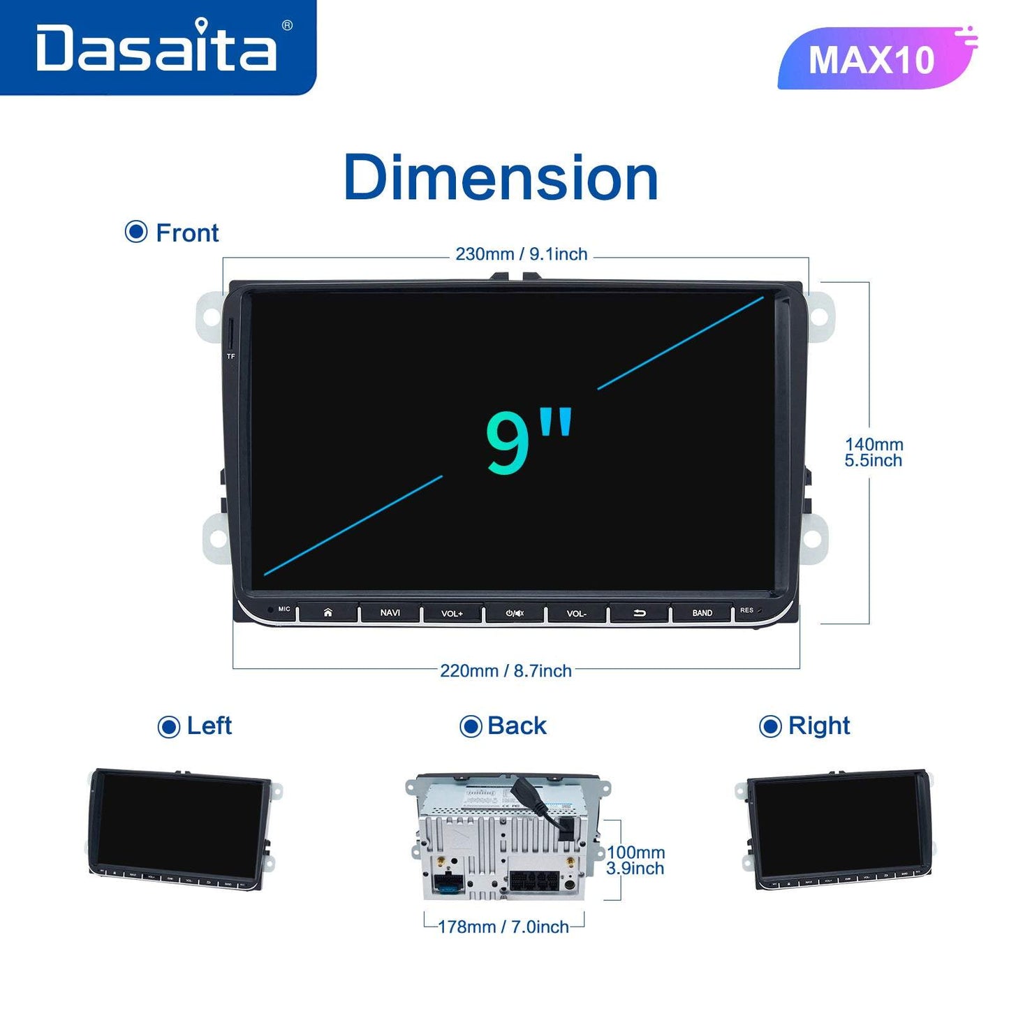 Dasaita (Outlets) MAX10 VW Universal Polo Golf Eos/Skoda 2006-2016 Car Stereo 9" Carplay Android Auto PX6 4G+64G Android10 1280*720 DSP Radio