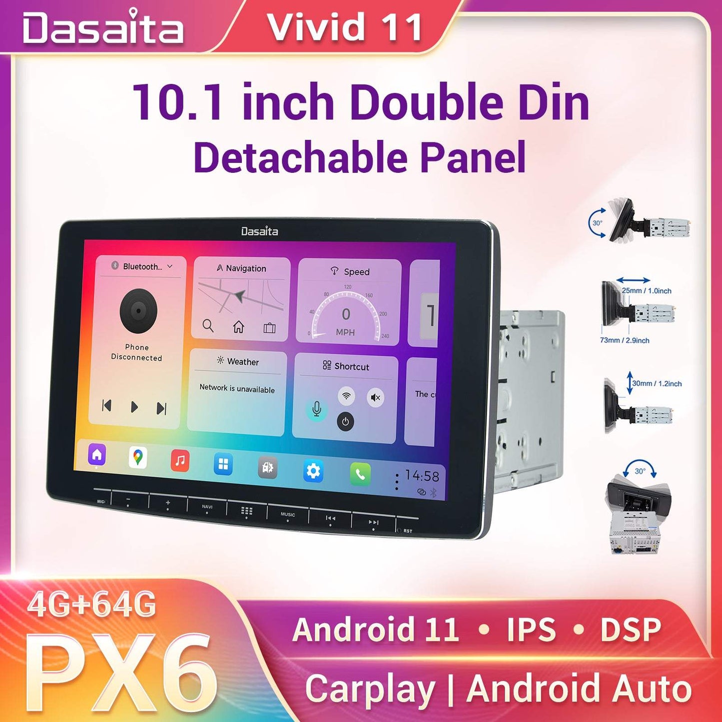 Dasaita Vivid11 Universal Double Din Car Stereo 10.2 Inch Carplay Android Auto PX6 4G+64G Android11 1280*720 DSP AHD Radio