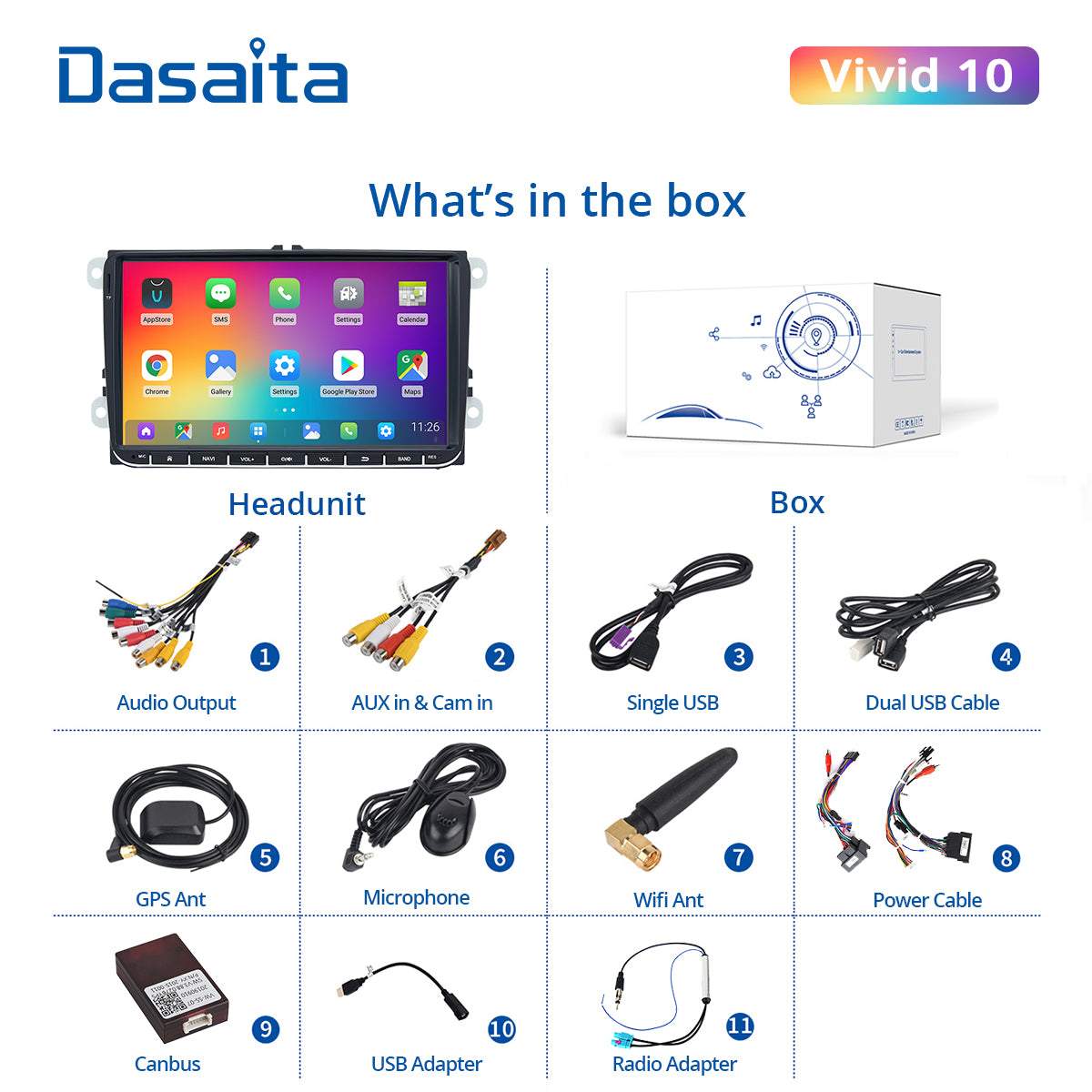 Dasaita Vivid11 9 inch for VW Polo Golf Tiguan Universal Car Stereo IPS 4G RAM 64G ROM Amplifier Apple Carplay Spotify