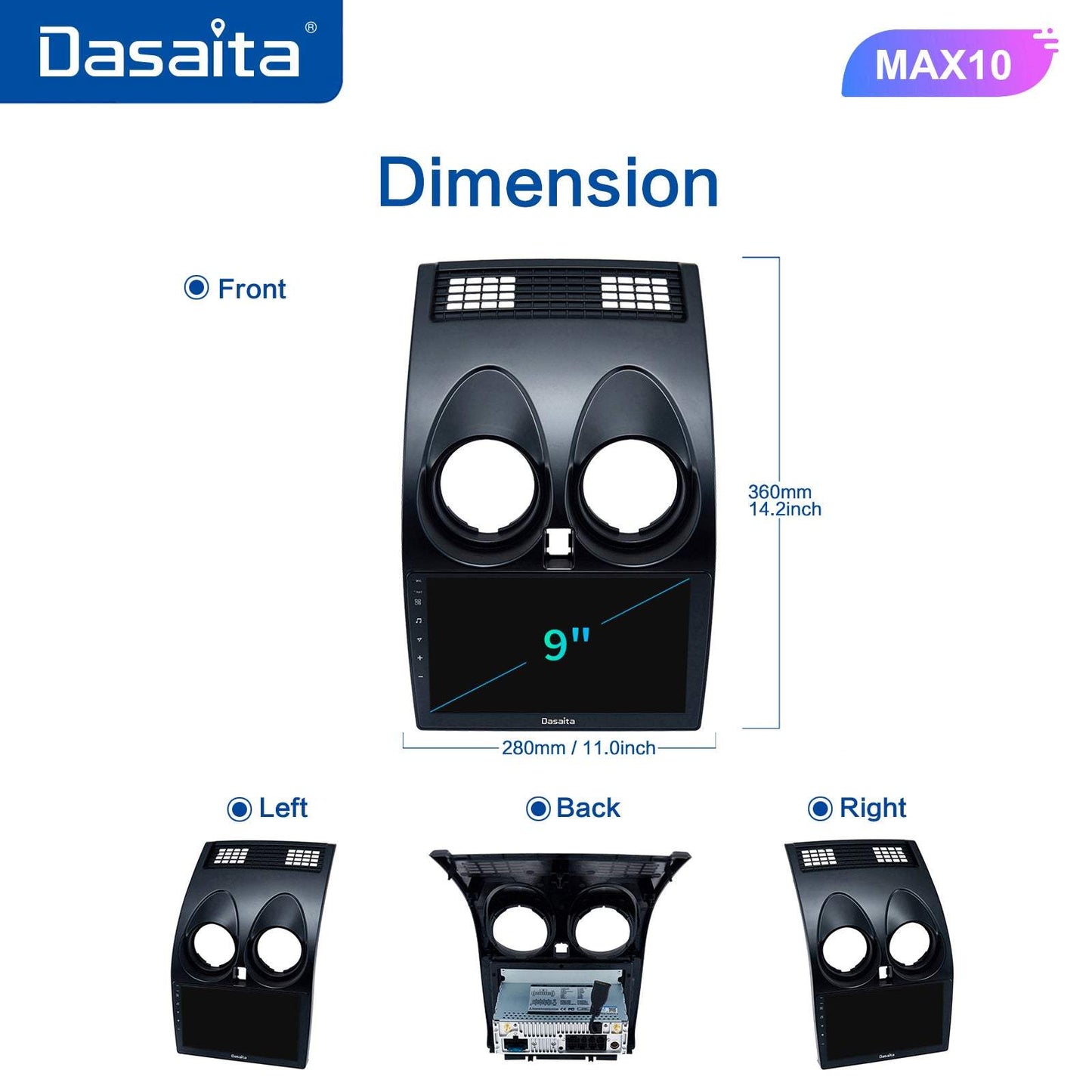 Dasaita (Outlets) MAX10 Nissan Qashqai 2008 2009 2010 2011 2012 2013 2014 Car Stereo 9" Carplay Android Auto PX6 4G+64G Android10 1280*720 DSP Radio
