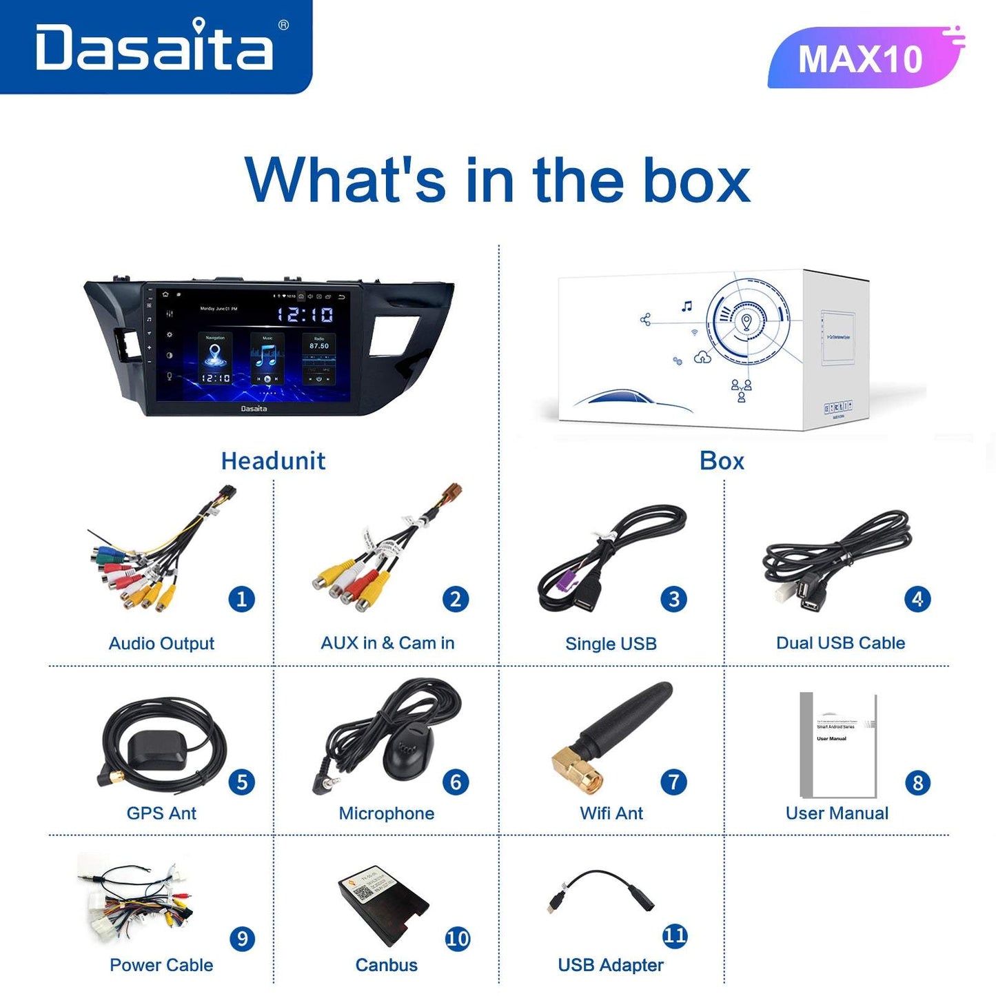 Dasaita MAX11 Toyota Corolla 2014 2015 2016 Car Stereo 10.2 Inch Carplay Android Auto PX6 4G+64G Android11 1280*720 DSP AHD Radio