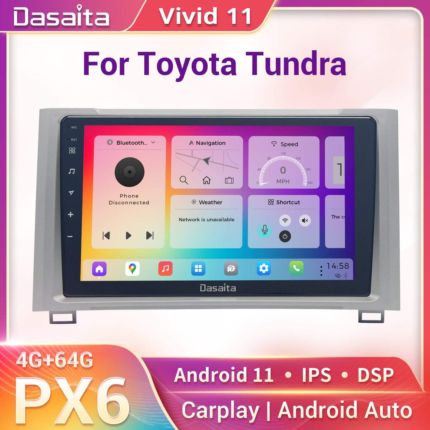 Dasaita Vivid11 Toyota Tundra 2014 2015 2016 2017 2018 Car Stereo 9 Inch Carplay Android Auto PX6 4G+64G Android11 1280*720 DSP AHD Radio