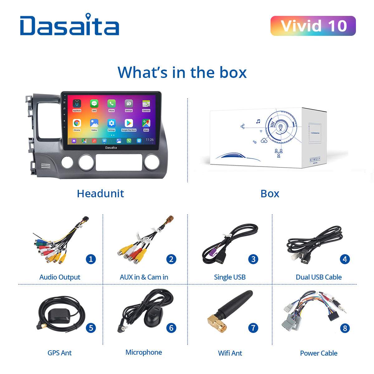 Dasaita Vivid10 Honda Civic 2007 2008 2009 2010 2011 Car Stereo 10.2 Inch Carplay Android Auto PX6 4G+64G Android10 1280*720 DSP AHD Radio