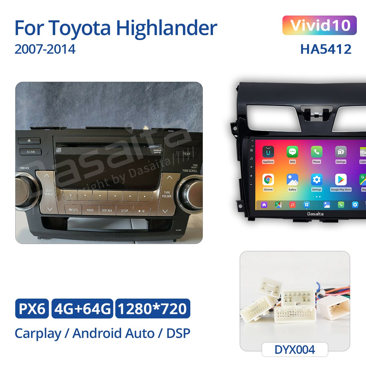 Dasaita Vivid for Toyota Highlander 2007 to 2014 Car Radio with Carplay 10.2" DSP GPS Navigation Autoradio Head Unit Android 10