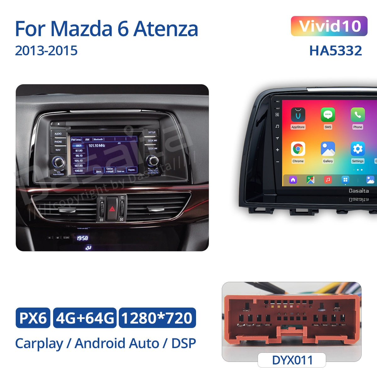 Dasaita 9" Android 10 Car Radio 1 Din GPS Navigation Multimedia Video Player with DSP Carplay for Mazda 6 Atenza 2013 2014 2015