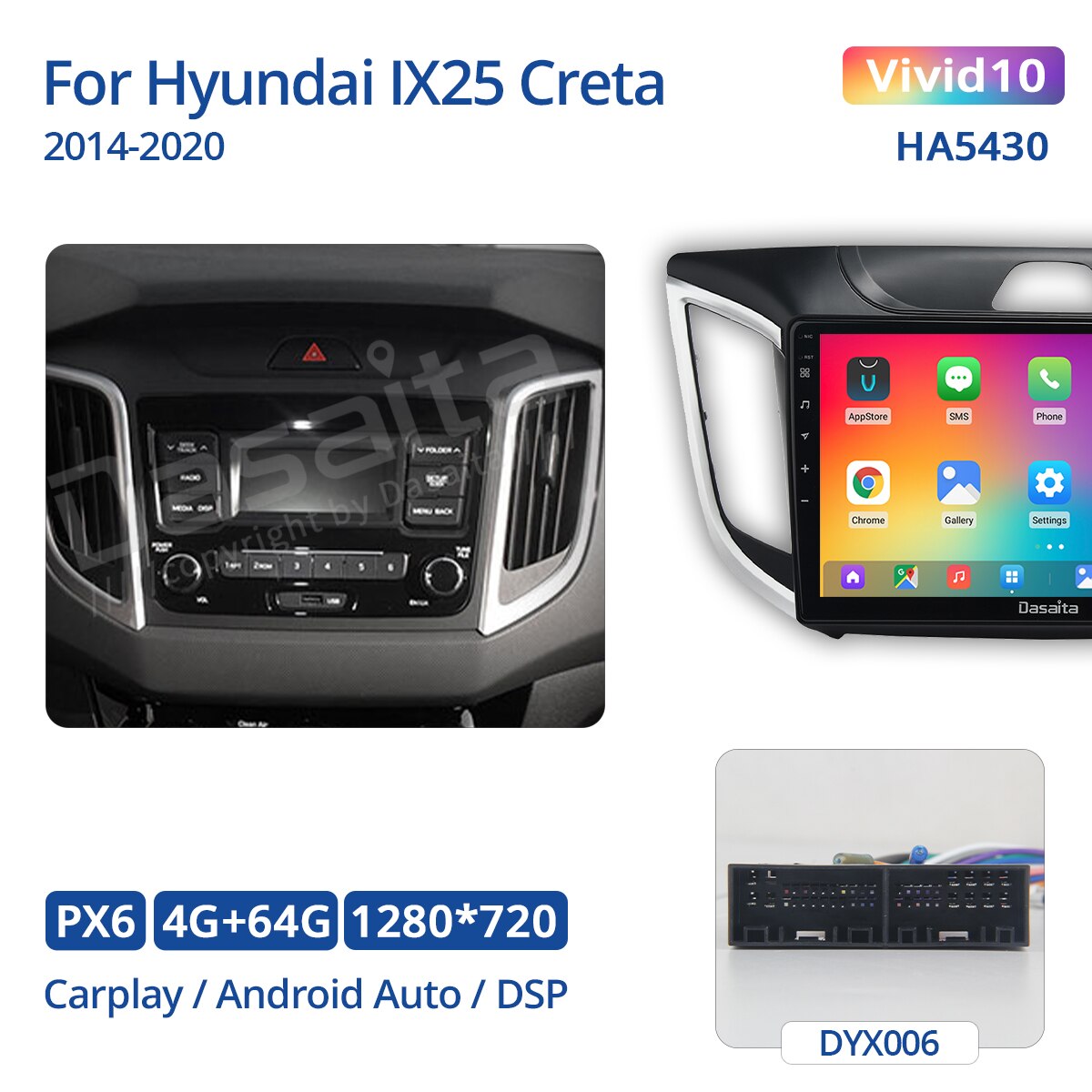Dasaita for Hyundai IX25 Creta 2014-2020 Car Radio Stereo 10.2" IPS Android 10.0 Multi-Touch Screen Multimedia Navigator GPS DSP