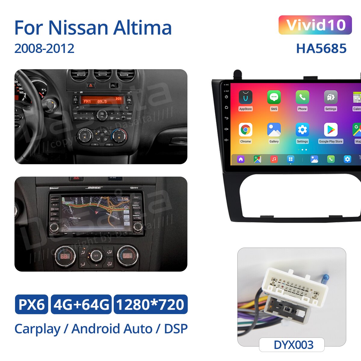 Dasaita Vivid Nissan Altima 2008 2009 2010 2011 2012 Car Stereo Android GPS Navigation Carplay Android Auto Multimedia 4G 64