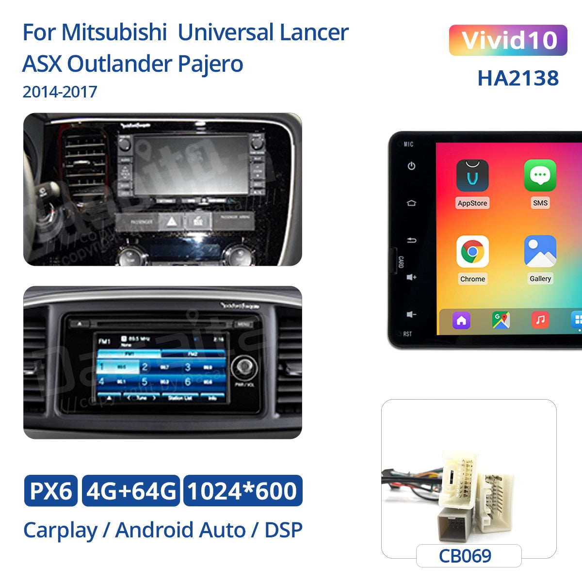 Dasaita Vivid for Mitsubishi Lancer Outlander Pajero ASX triton Android 10.0 universal 2 din Car Radio GPS TDA7850 1024*600