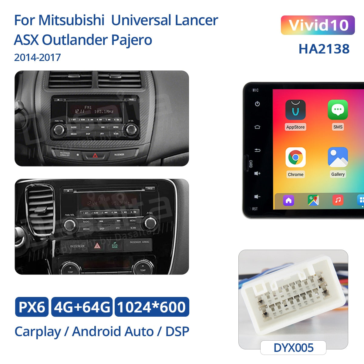 Dasaita Vivid for Mitsubishi Lancer Outlander Pajero ASX triton Android 10.0 universal 2 din Car Radio GPS TDA7850 1024*600