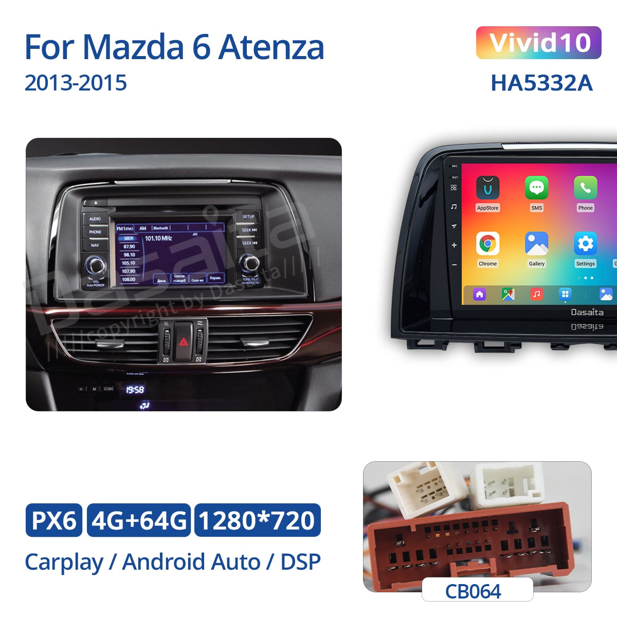 Dasaita 9" Android 10 Car Radio 1 Din GPS Navigation Multimedia Video Player with DSP Carplay for Mazda 6 Atenza 2013 2014 2015