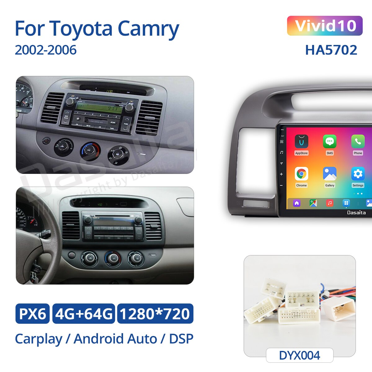 Dasaita Vivid for Toyota Camry  2002 2003 2004 2005 2006 Car Radio 9'' IPS Android 10.0  Stereo GPS Navigation DSP TDA7850 BT5.0
