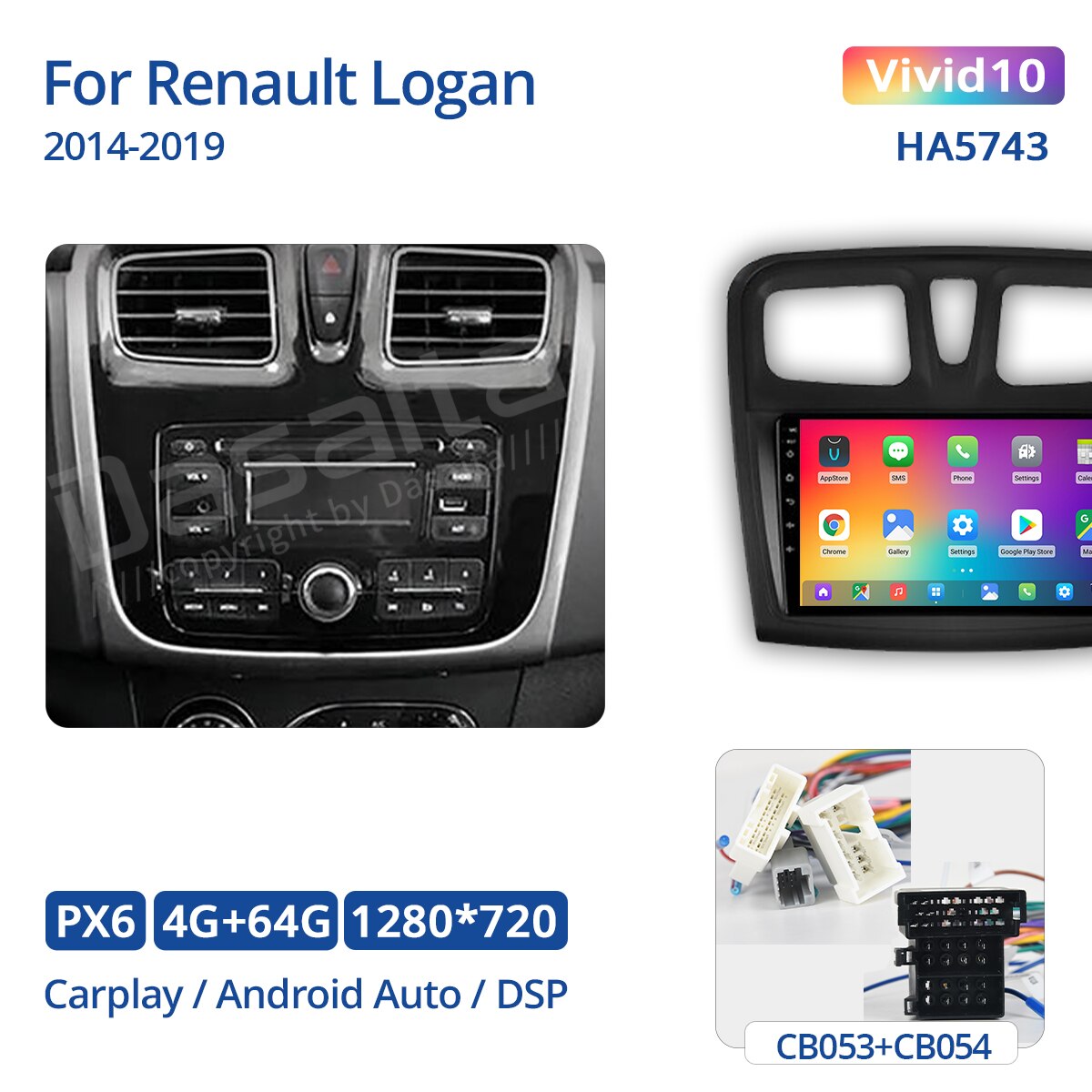 Dasaita 9" 1 Din Car Radio for Renault Logan 2014-2019 GPS Navigation with Carplay Android Auto DSP Android 10.0 1280*720