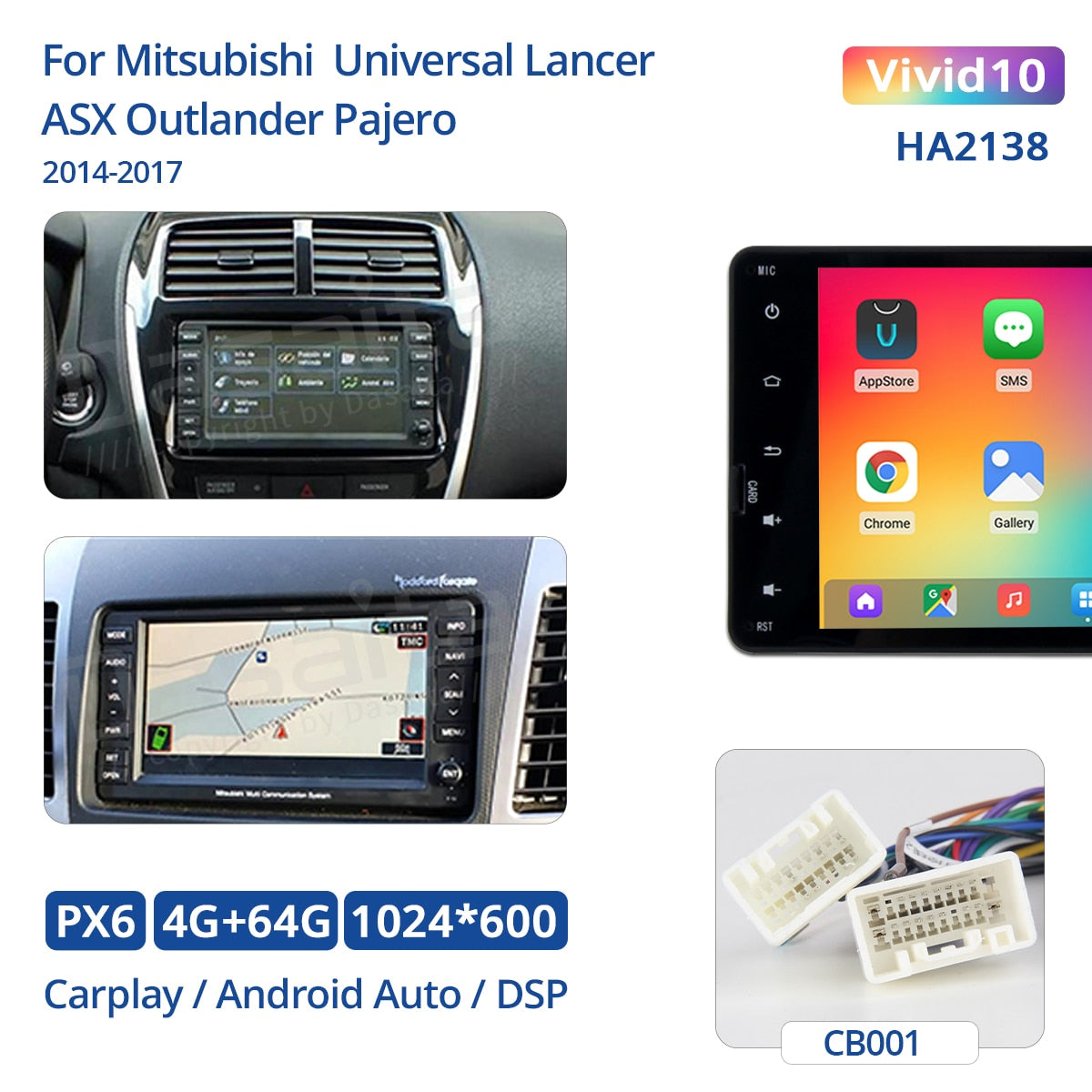 Dasaita Vivid for Mitsubishi Lancer Outlander Pajero ASX triton Android 10.0 universal 2 din Car Radio GPS TDA7850 1024*600