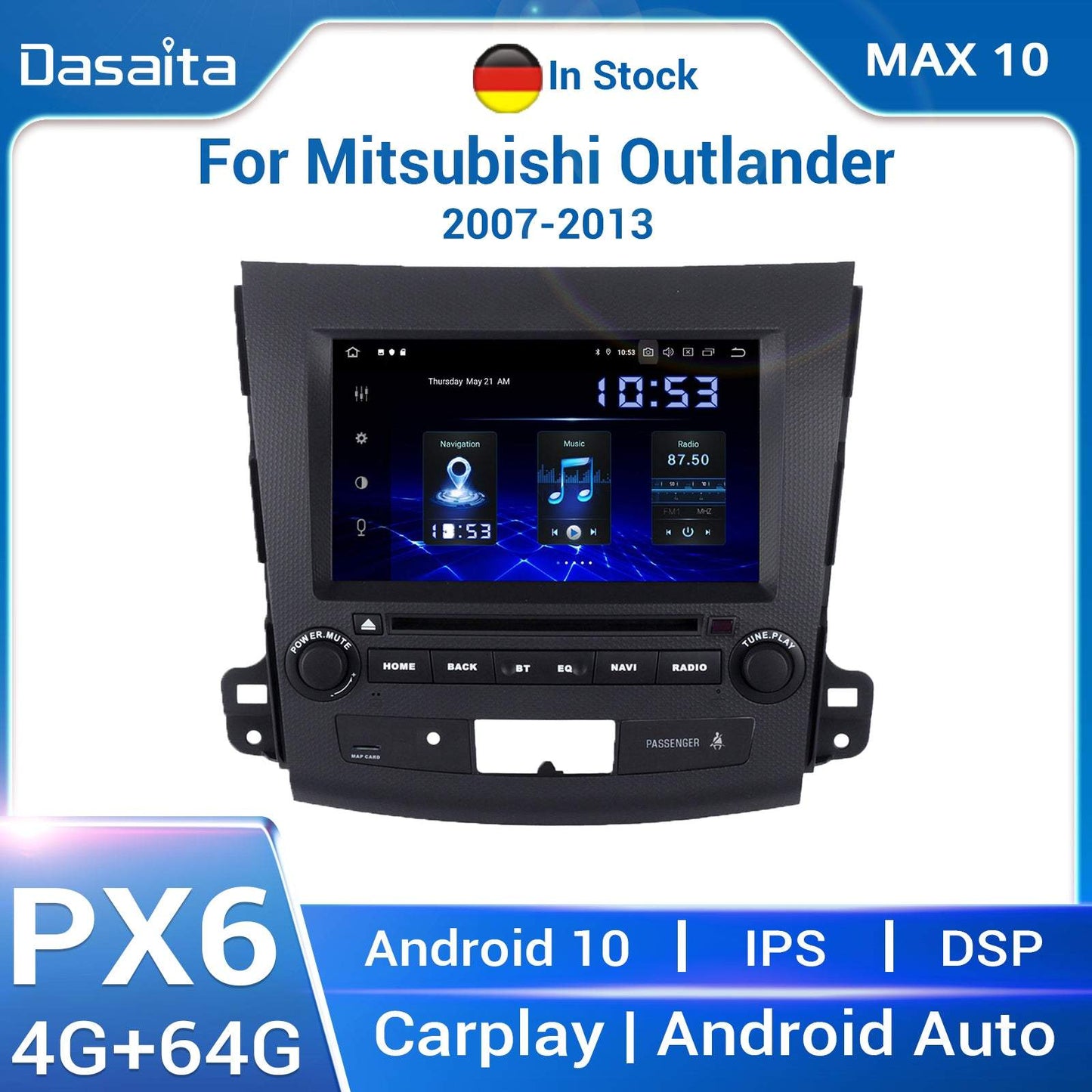 Dasaita (Outlets) MAX10 Mitsubishi Outlander 2007 2008 2009 2010 2011 2012 2013 Car Stereo 8" Carplay Android Auto 4+64G Android10 1024*600 DSP Radio