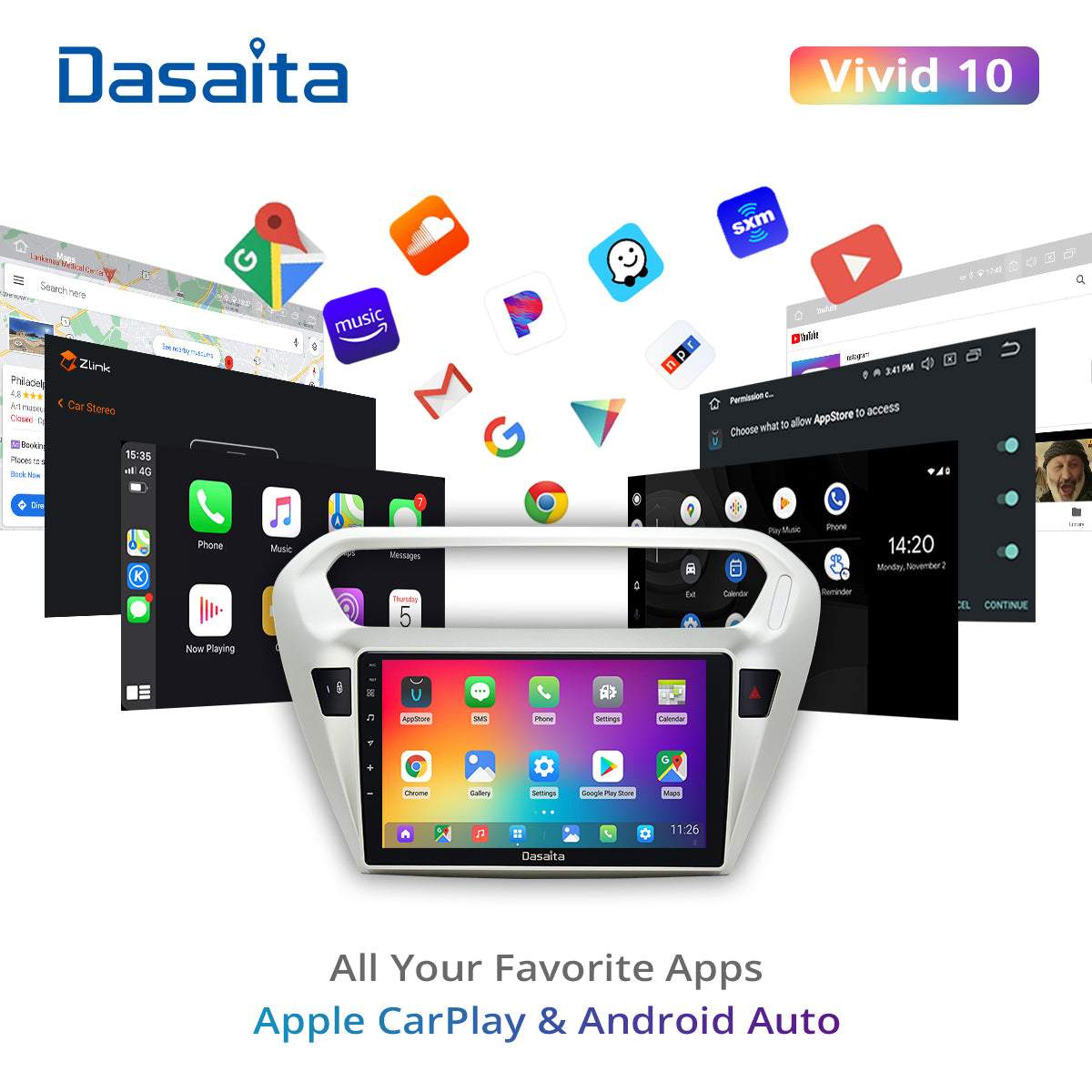 Dasaita Vivid10 For Peugeot 301 2014 2015 2016 Car Stereo Apple Carplay Android Auto Touch Screen 4G 64G DSP 30EQ Radio