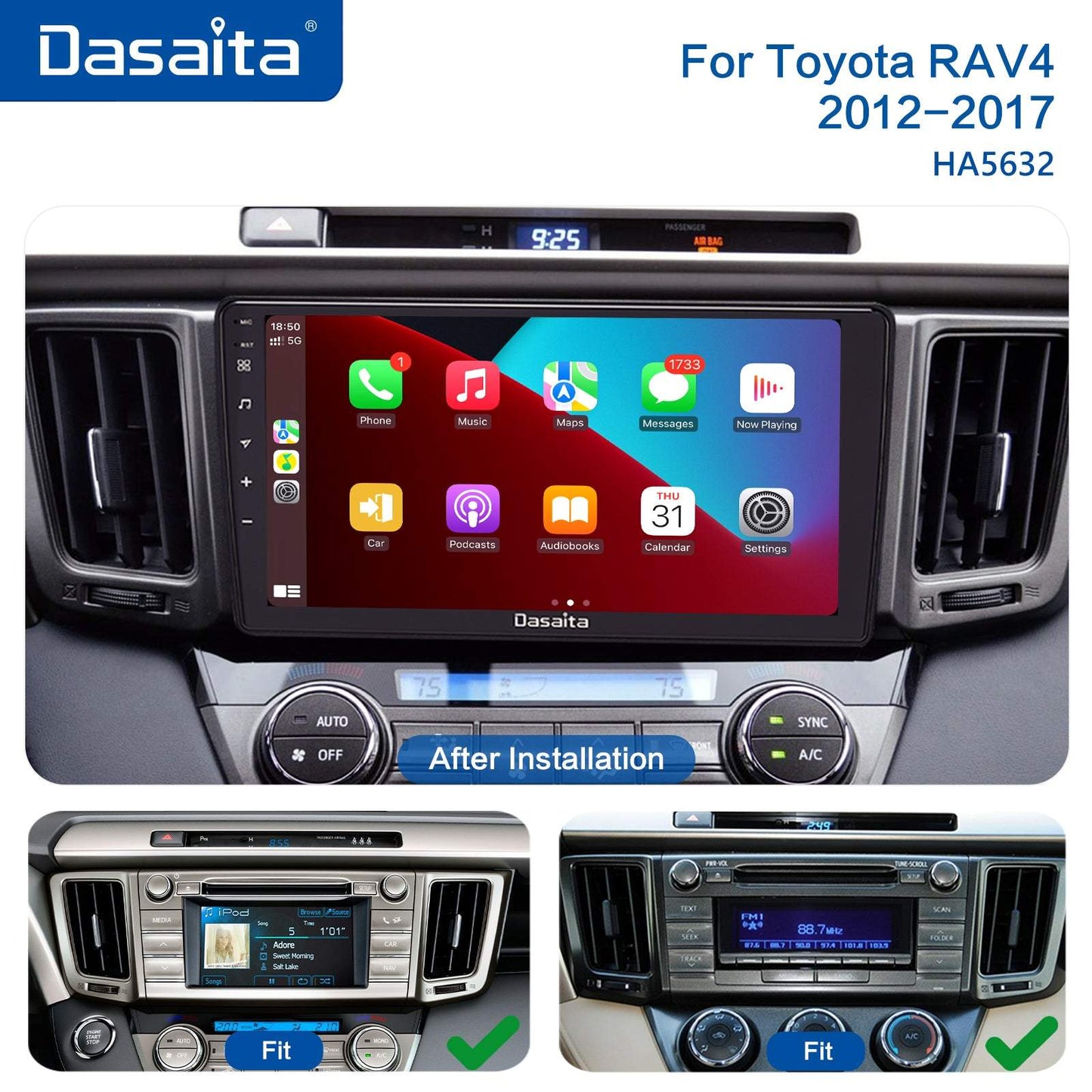 Dasaita Vivid11 Toyota RAV4 2012 2013 2014 2015 2016 2017 Car Stereo 9 Inch Carplay Android Auto PX6 4G+64G Android11 1280*720 DSP AHD Radio