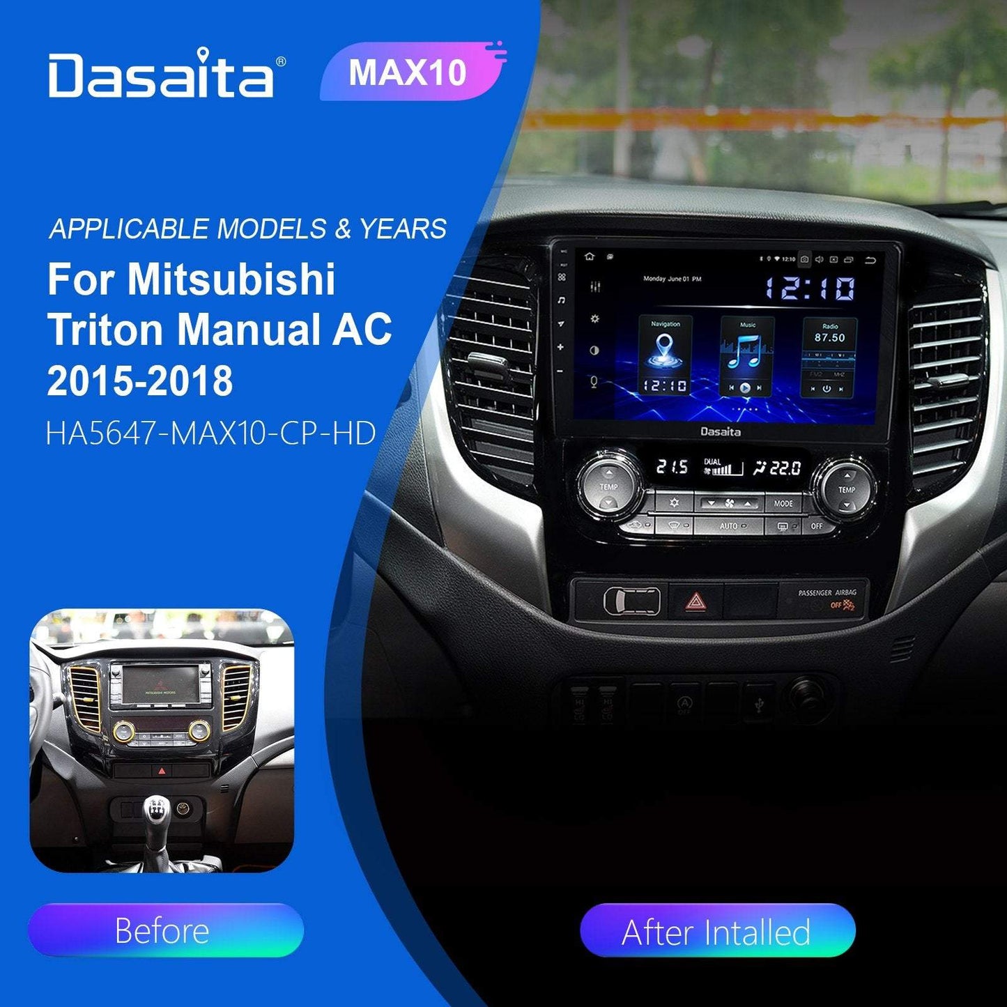 Dasaita MAX10 Mitsubishi Triton Manual AC 2015 2016 2017 2018 Car Stereo 9 Inch Carplay Android Auto PX6 4G+64G Android10 1280*720 DSP AHD Radio
