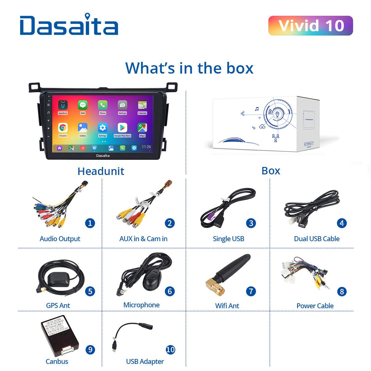 Dasaita Vivid11 Toyota RAV4 2012 2013 2014 2015 2016 2017 Car Stereo 9 Inch Carplay Android Auto PX6 4G+64G Android11 1280*720 DSP AHD Radio