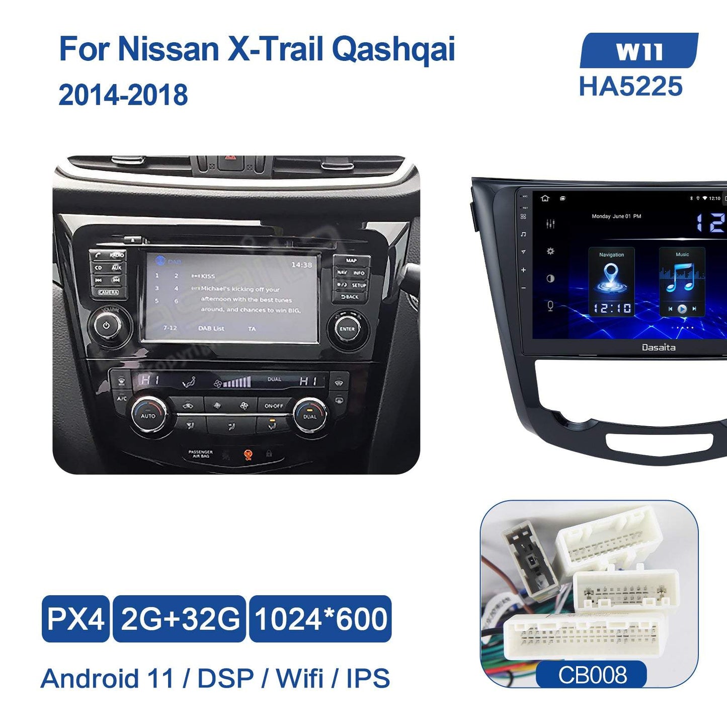Dasaita (Outlets) W11 Nissan X-Trail Qashqai Rogue 2014 2015 2016 2017 2018 Car Stereo 10.2 Inch PX4 2G+32G Android11 1024*600 DSP AHD Radio