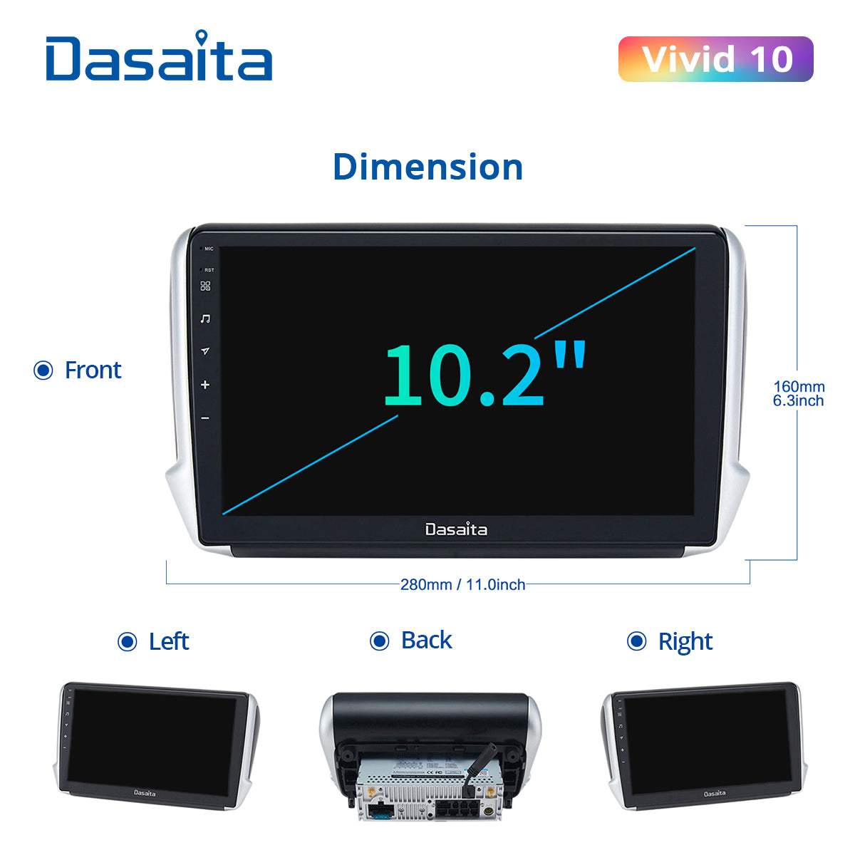 Dasaita Vivid11 Peugeot 208 2008 2012 2013 2014 2015 2016 Car Stereo 10.2 Inch Carplay Android Auto PX6 4G+64G Android11 1280*720 DSP AHD Radio