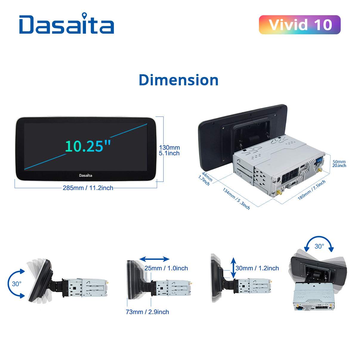 Dasaita Vivid10 Universal Single Din Car Stereo 10.25 Inch Carplay Android Auto PX6 4G+64G Android10 1280*480 DSP AHD Radio