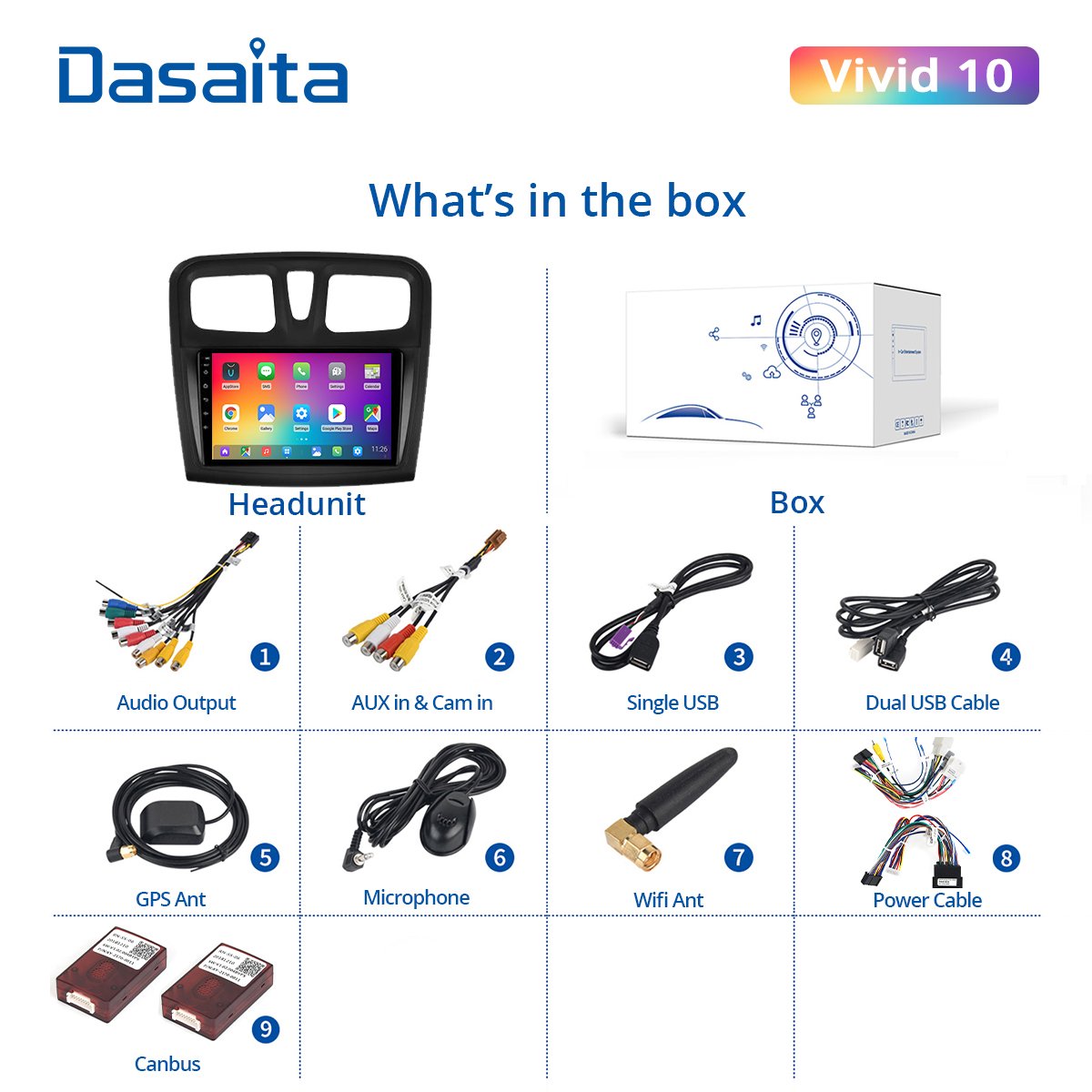 Dasaita 9" 1 Din Car Radio for Renault Logan 2014-2019 GPS Navigation with Carplay Android Auto DSP Android 10.0 1280*720