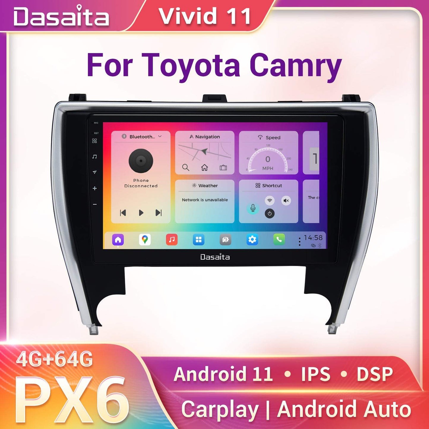 Dasaita Vivid11 Toyota Camry 2015 2016 2017 Car Stereo 10.2 Inch Carplay Android Auto PX6 4G+64G Android11 1280*720 DSP AHD Radio