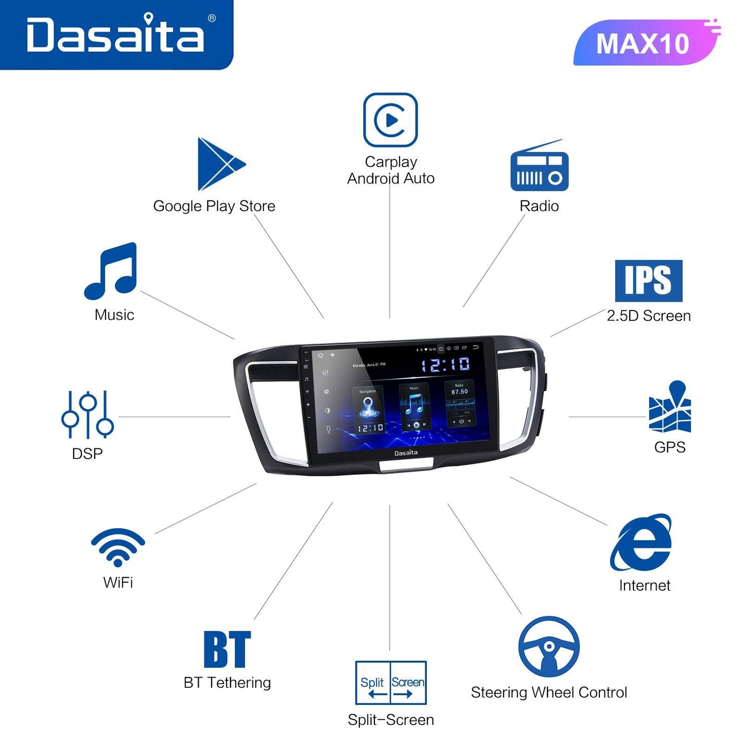 Dasaita MAX11 Honda Accord 2013 2014 2015 2016 2017 Car Stereo 10.2 Inch Carplay Android Auto PX6 4G+64G Android11 1280*720 DSP AHD Radio