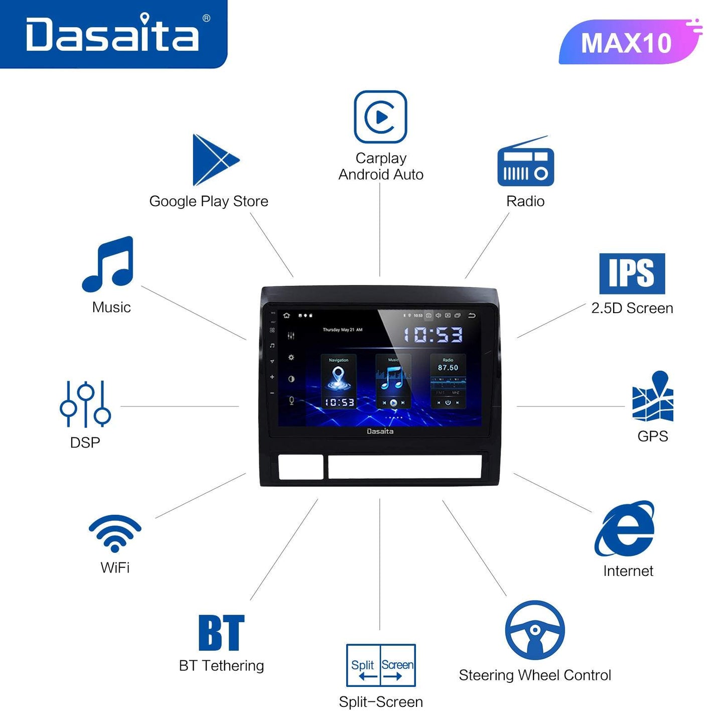 Dasaita MAX10/MAX11 Toyota Tacoma 2005 2006 2007 2008 2009 2010 2012 2013 Car Stereo 9 Inch Carplay Android Auto PX6 4G+64G Android10/Android11 1280*720 DSP AHD Radio