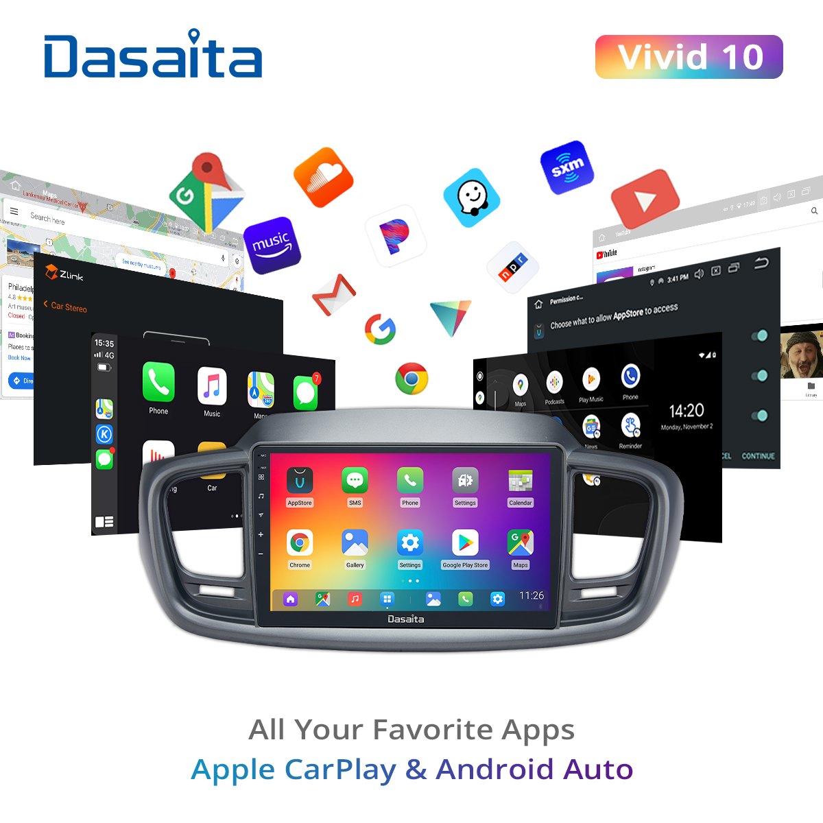 Dasaita Vivid for Kia Sorento 2014 2015 Car Radio 10.2" Android 10.0 Auto Stereo with GPS Carplay 1280*720 Touch 4GB+64GB 1 Din