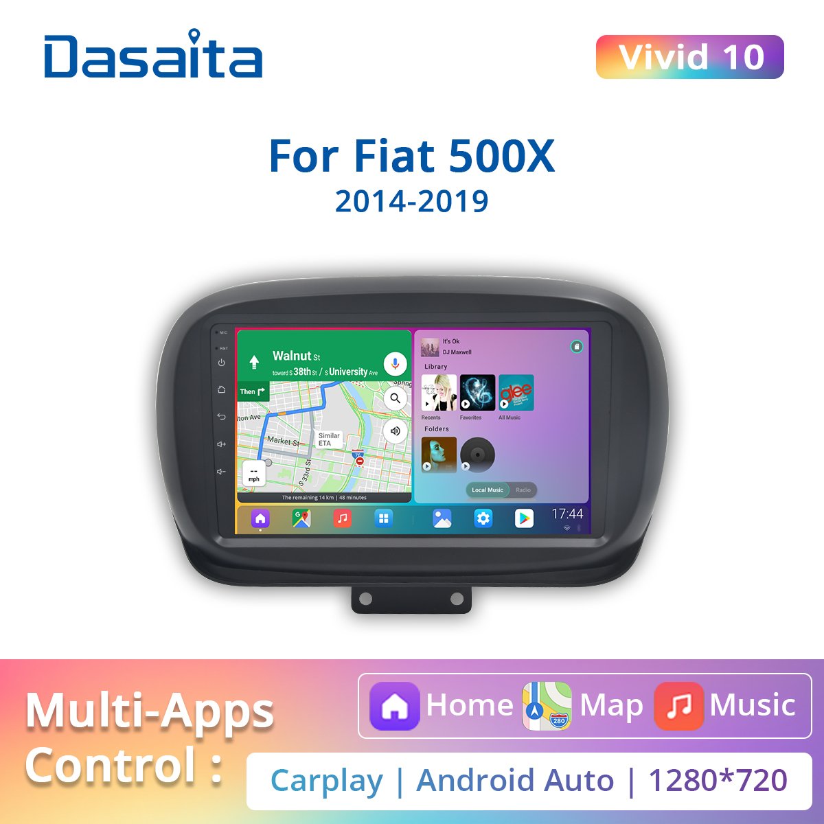 Dasaita Vivid For Fiat 500X 2014 2015 2016 2017 2018 2019 Apple Carplay Android Auto Navigation GPS 1280*720 IPS 4G RAM 64G ROM
