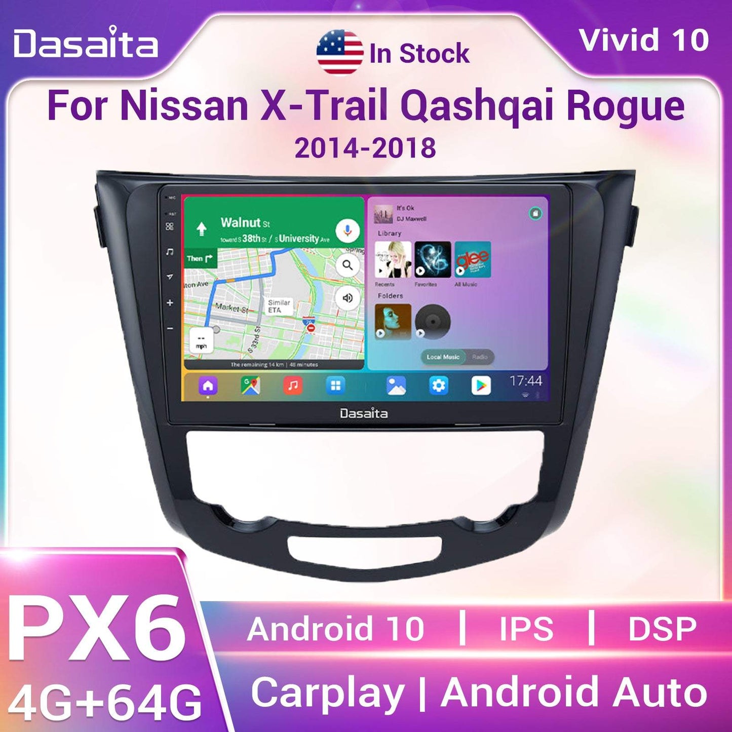Dasaita Vivid10/Vivid11 Nissan X-Trail Qashqai Rogue 2014 2015 2016 2017 2018 2019 2020 Car Stereo 10.2 Inch Carplay Android Auto PX6 4G+64G Android10/Android11 1280*720 DSP AHD Radio