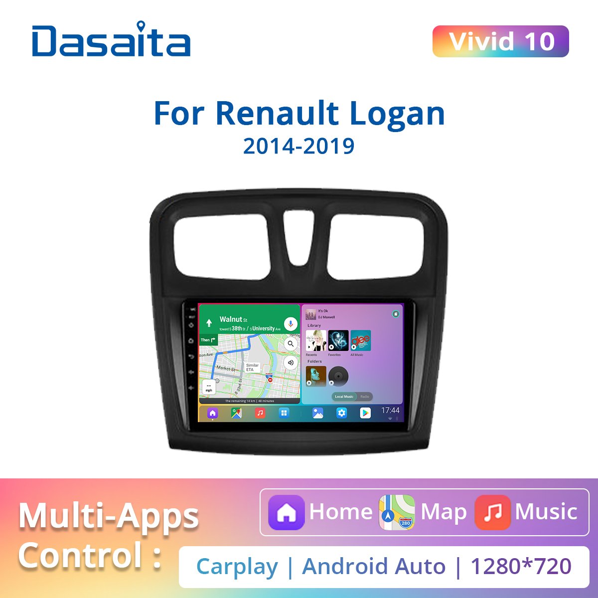 Dasaita 9" 1 Din Car Radio for Renault Logan 2014-2019 GPS Navigation with Carplay Android Auto DSP Android 10.0 1280*720