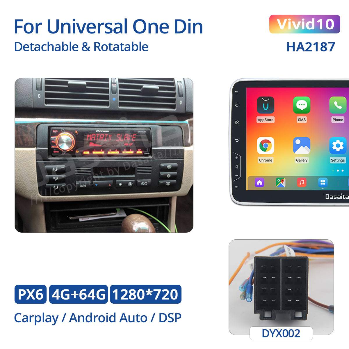 Dasaita Vivid11 Universal Single Din Car Stereo 10.2 Inch Carplay Android Auto PX6 4G+64G Android11 1280*720 DSP AHD Radio